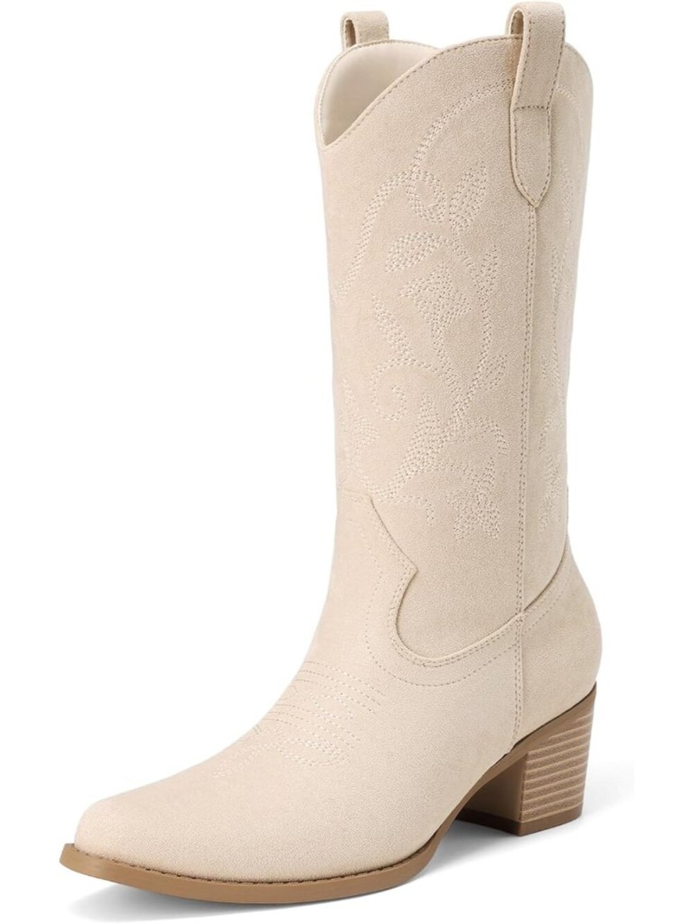 Women’s Beige  Cowboy Mid Calf Boots Western Cowgirl Pull On Riding Boots